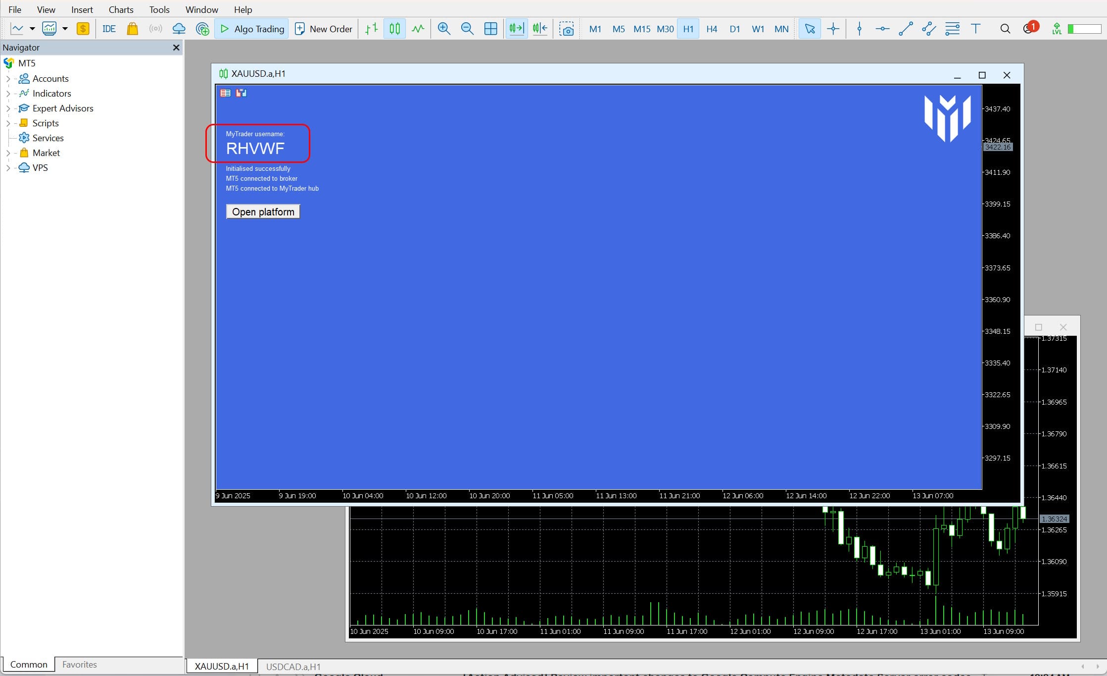 MyTrader Connector EA settings window