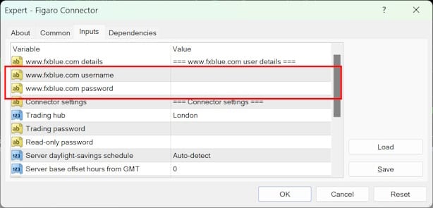 MyTrader Connector EA settings window