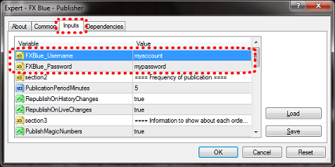 FX Blue Publisher EA settings input tab