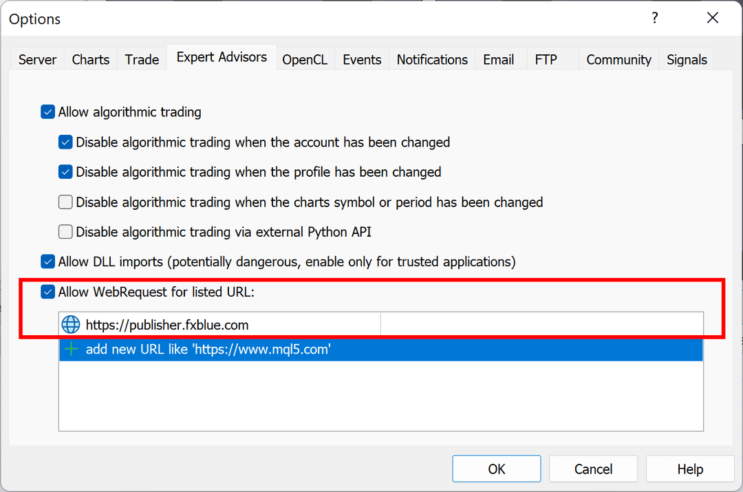 MT5 WebRequest settings